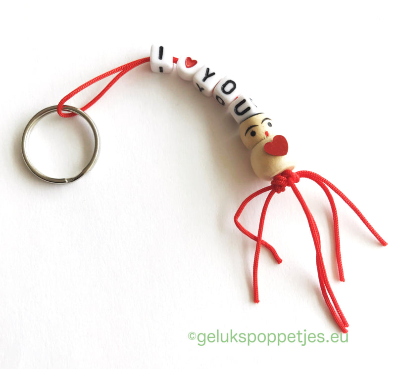 Sleutelhanger I love you met gelukspoppetje hartje op de buik