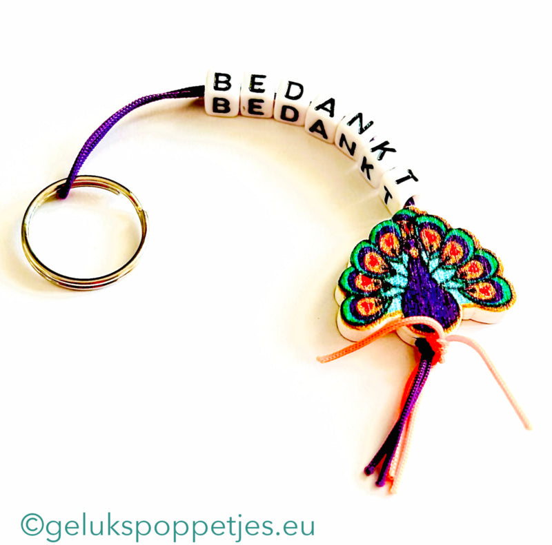 Thank you keychain with lucky peacock doll
