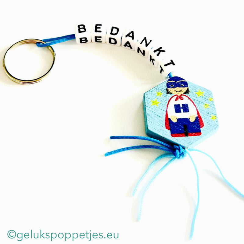 Thank you keychain with lucky superhero doll