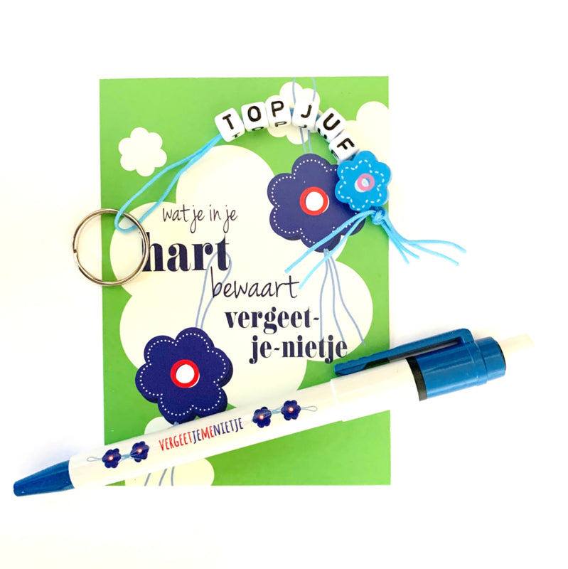 Sleutelhanger met bedankt en gelukspoppetje vergeet-me-nietje